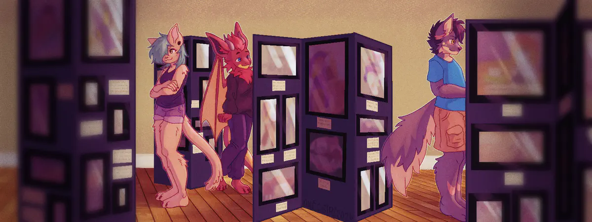 Furries browsing artwork in the FurCon Art Show.