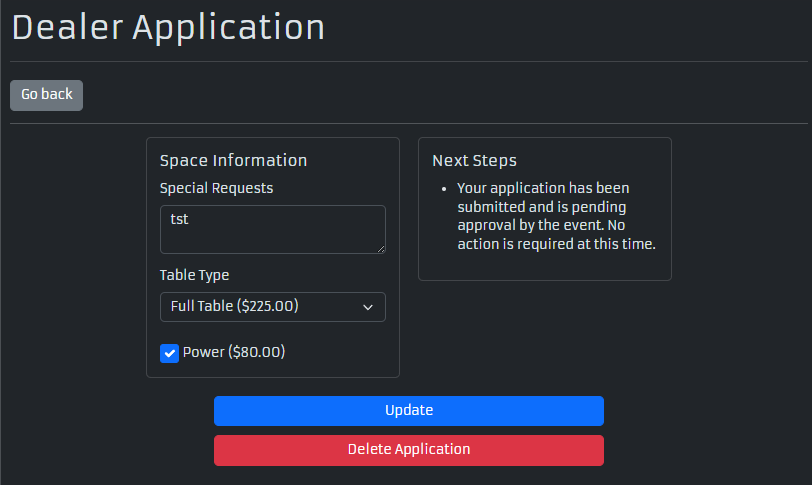 Screenshot of a submitted Dealer Application form that you should see after submission.