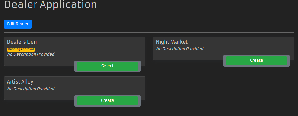 Screenshot of a submitted Dealers Den Application on the Dealer Application page that you should see at reg.furtherconfusion.org/vendor