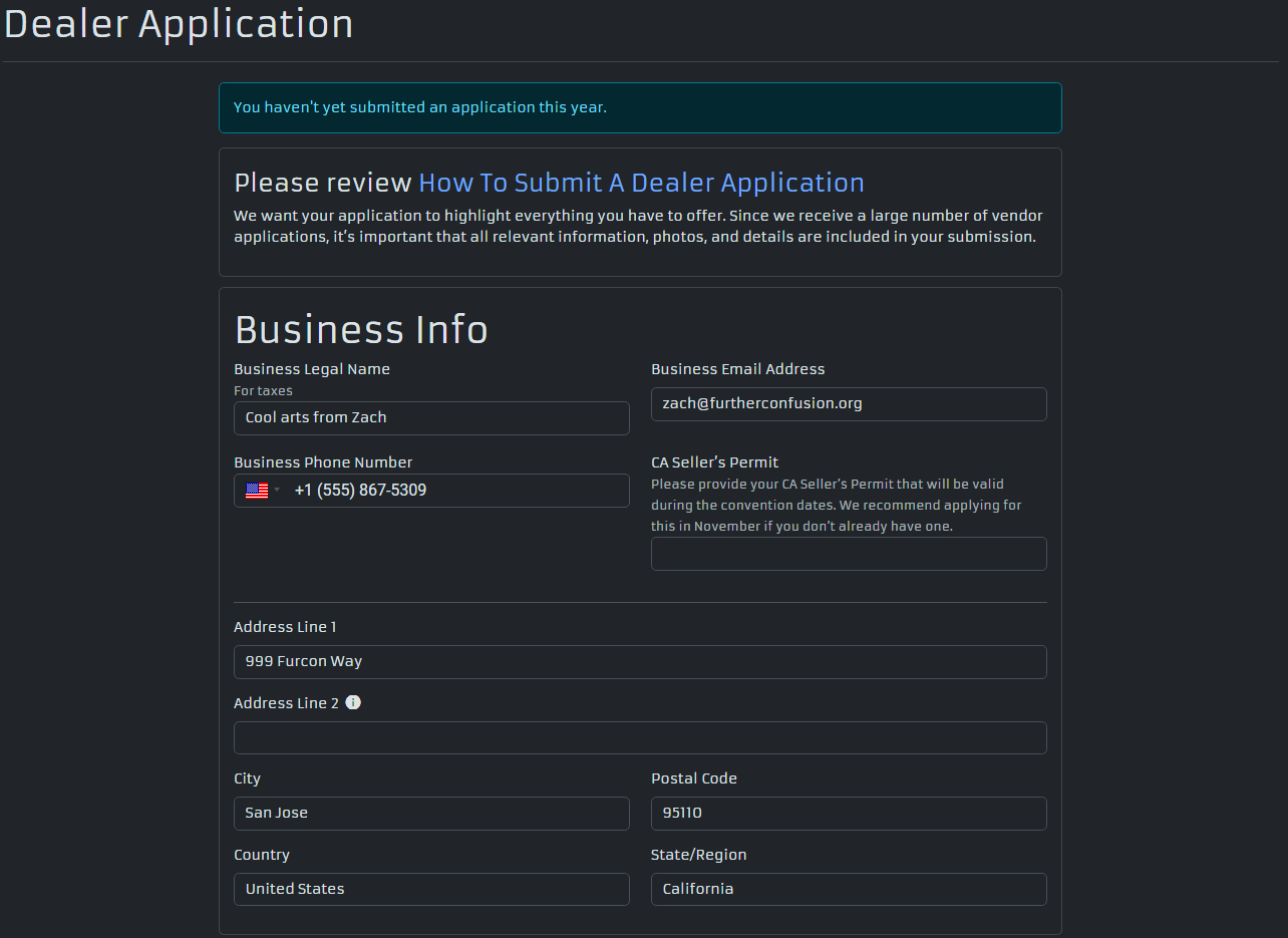 Screenshot of the Business Info form showing Business Legal Name, Business Email Address, Business Phone Number, CA Seller&rsquo;s Permit, and address fields
