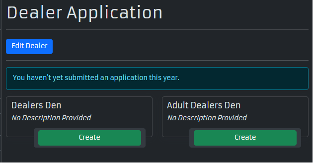 Screenshot of the Dealer Application page from reg.furtherconfusion.org/vendor