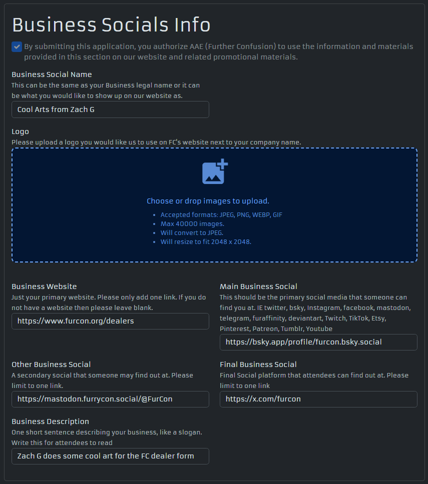 Screenshot of the Business Socials Info section showing the opt-in checkbox, Business Social Name, Logo upload, Business Website, Business Socials 1/2/3 fields, and Business Description