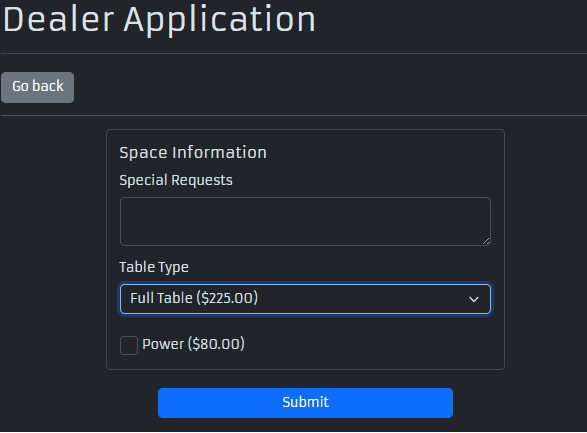 Screenshot of the Dealer Application form after you click the Create button on reg.furtherconfusion.org/vendor