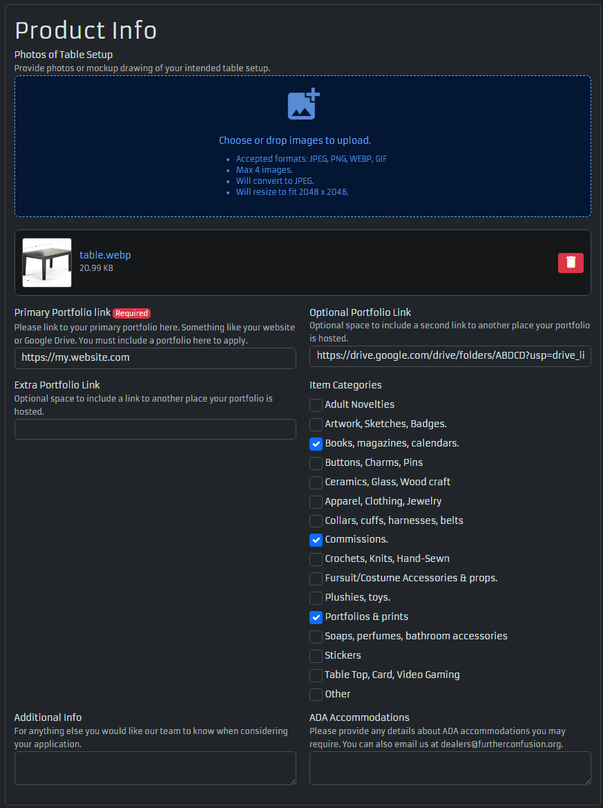 Screenshot of the Product Info section showing the Photos of Table Setup upload area, Primary Portfolio Link (required), Optional and Extra Portfolio Link fields, Item Categories checkboxes, Additional Info field, and ADA Accommodations field