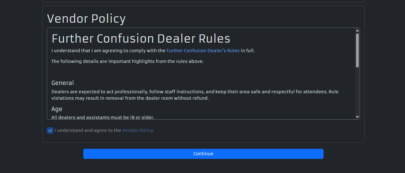 Screenshot of the Vendor Policy section showing the scrollable policy text, the &ldquo;I understand and agree to the Vendor Policy&rdquo; checkbox, and the Continue button