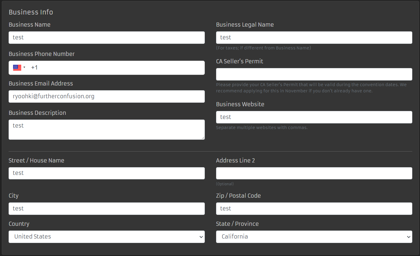 Screenshot of the top of the Business Info page from reg.furtherconfusion.org/vendor/edit.