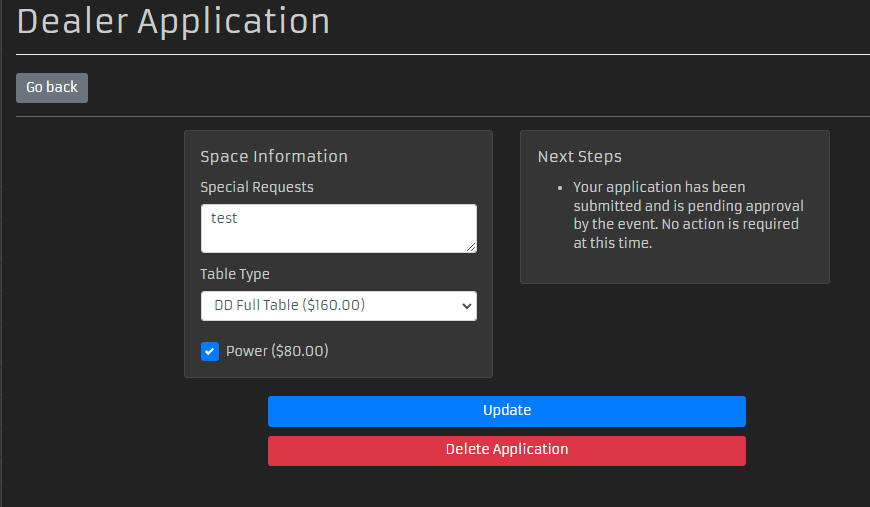 Screenshot of the Dealer Application form after you click the Create button on reg.furtherconfusion.org/vendor