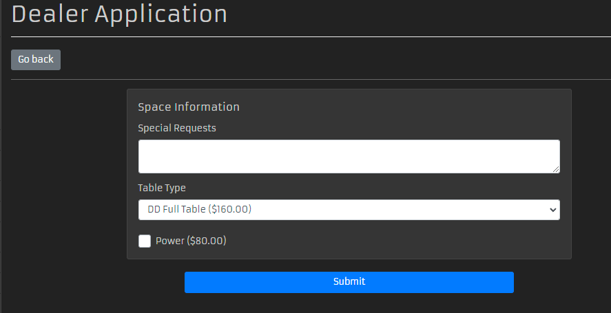 Screenshot of a submitted Dealers Den Application on the Dealer Application page that you should see at reg.furtherconfusion.org/vendor