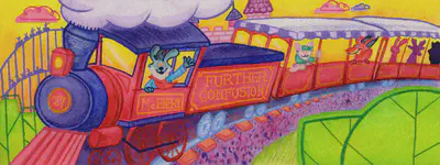 A colorful Further Confusion 2027 train carrying furry passengers through FC Land.