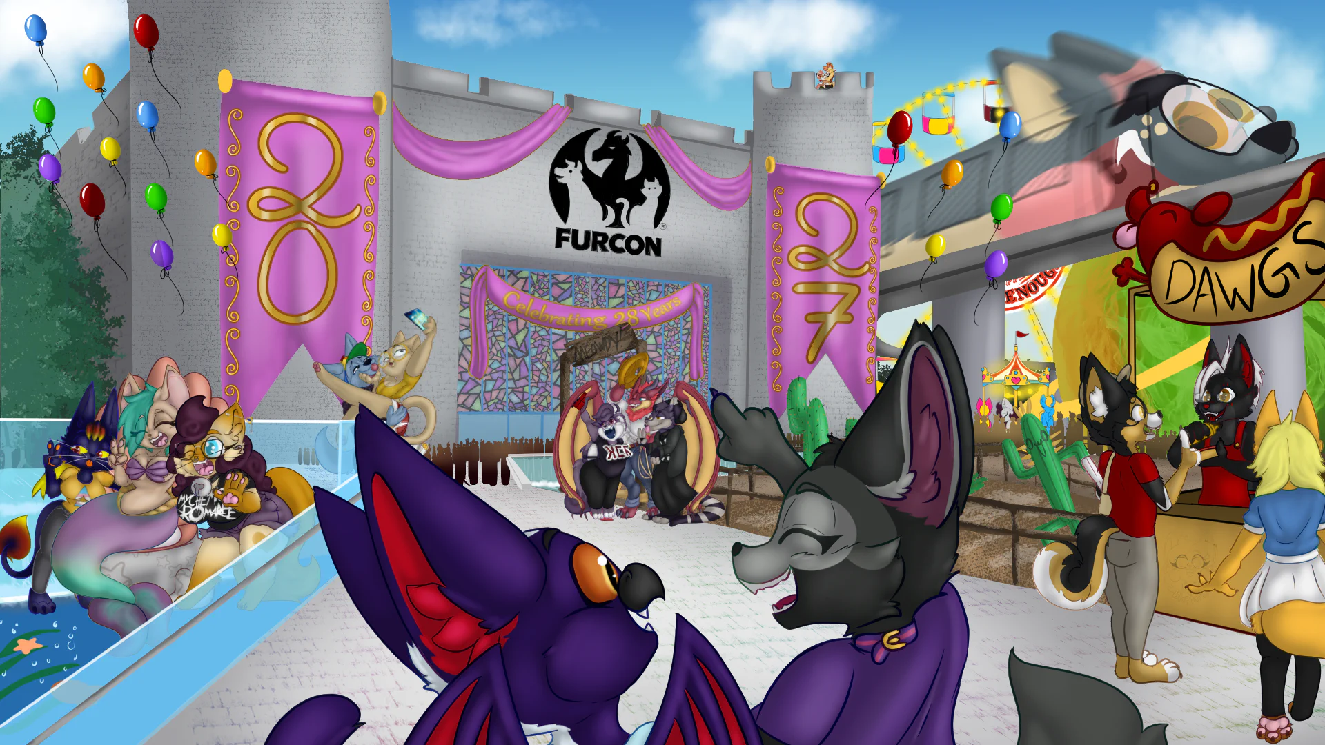 Furry characters enjoying FC Land, with balloons, rides, and a castle decorated for FurCon 2027.