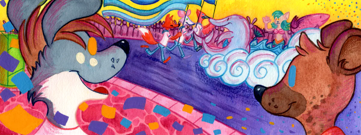 Furries enjoying a colorful amusement park ride.