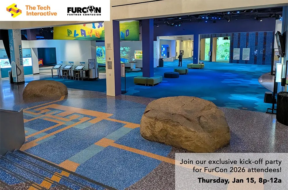 Fursday Night at The Tech promotional graphic showing The Tech Interactive museum space with FurCon and Tech Interactive logos