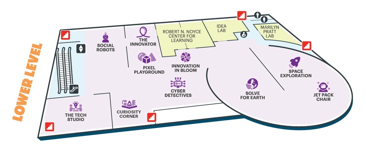 The Tech Interactive Lower Level floor plan showing exhibits including Innovation in Bloom, Solve for Earth, Space Exploration, and various labs